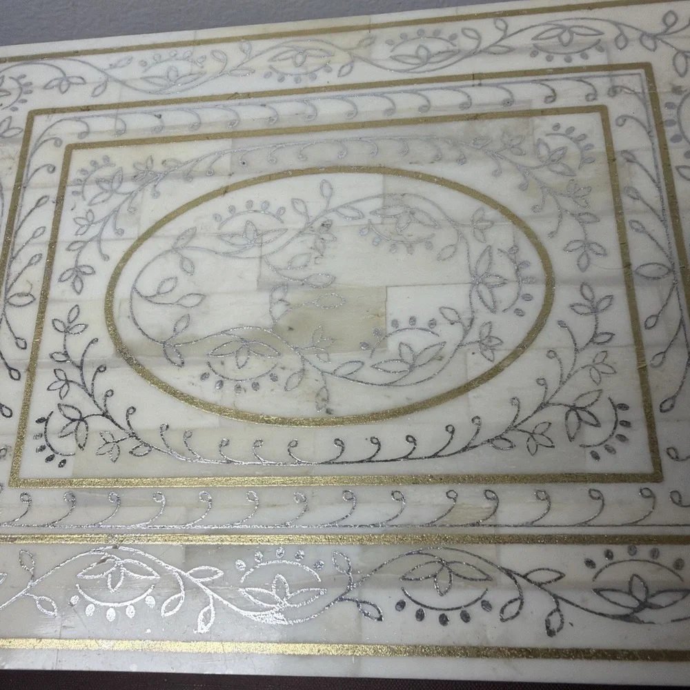 Vintage Wood White Tile Inlay Floral Lid Keepsake Box Boho 8.25'' x 6.25''